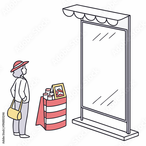 A man standing next to a newsstand on the sidewalk