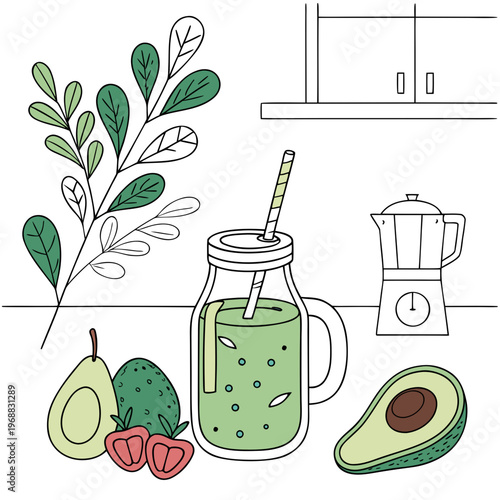 A glass jar of green smoothie with fruits and a blender