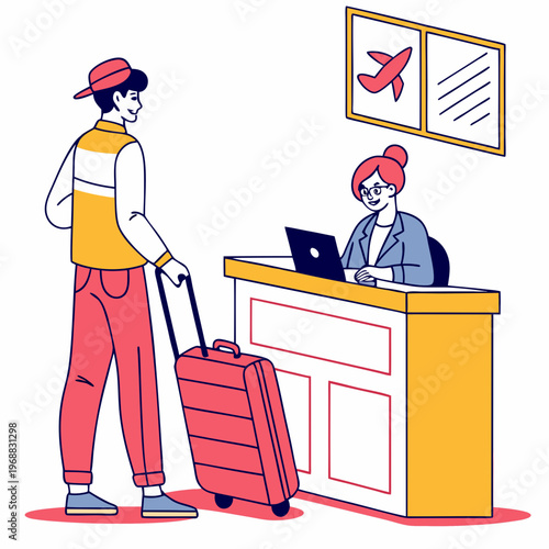 Man standing with suitcase and ticket at a travel agency counter while a woman works on a laptop, colorful flat style on white background. Concept of booking. Vector .