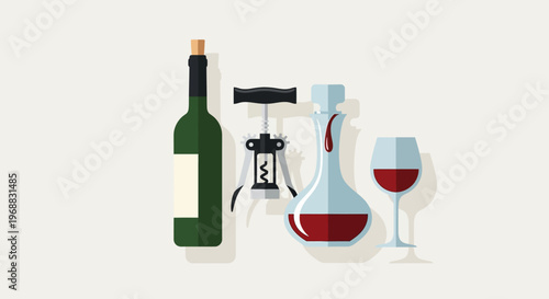 Red wine bottle, decanter, glass, and corkscrew elegantly arranged on an isolated white background.