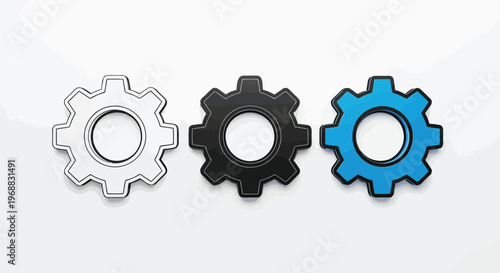 Three gears transitioning from grayscale to vibrant blue in a sequential manner Vector