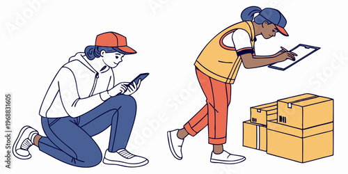 Two people using digital devices for tracking and managing delivery logistics, flat style, with a smartphone and boxes on a white background. Concept of shipment tracking. Vector .