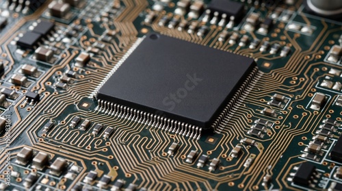 Advanced CPU Microchip on Glowing Circuit Board for Computing Technology