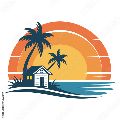Tranquil beachside cabin during sunset with palm trees