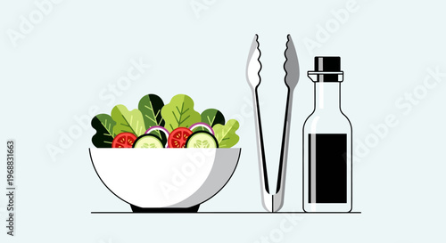 Bowl of fresh green salad with cucumbers and tomatoes, served with tongs and a bottle of dressing, isolated white background, flat vector illustration
