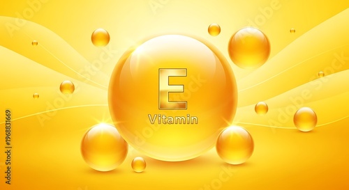 Vitamin E, antioxidant, health supplement, golden bubbles, nutrition concept