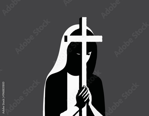 Woman Embracing a Cross While Praying in a Black and White Vector Illustration for Spiritual Art
