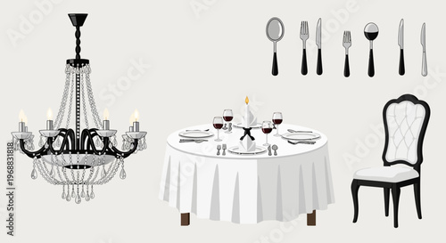 Elegant fine dining table setting with white tablecloth, cutlery, glasses, and a chandelier in a formal restaurant, bright studio background, vector illustration