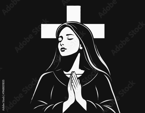 Woman Embracing a Cross While Praying in a Black and White Vector Illustration for Spiritual Art