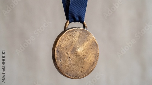 Circular Bronze Achievement Medal with Ornate Design and Blue Ribbon