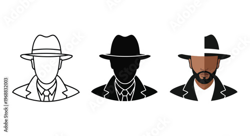 Three stylized silhouettes of men wearing fedoras and suits in varying detail levels Vector