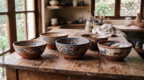 Collection of Traditional Rustic Clay Bowls and Pottery in Workshop