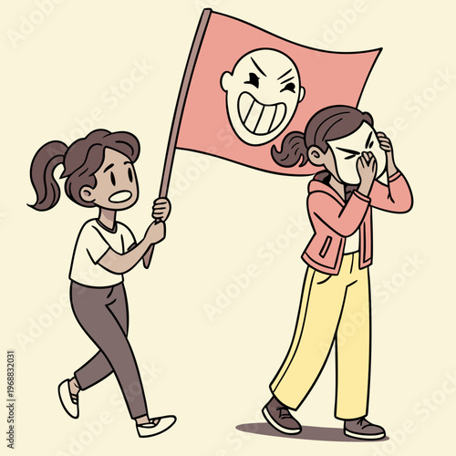 Woman hiding behind social mask. Moving banner with unhappy girl putting on mask of happiness and joy and hiding real emotions. Social norms and pressure. Cartoon flat animated .
