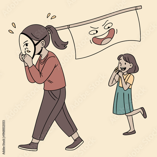 Woman hiding behind social mask. Moving banner with unhappy girl putting on mask of happiness and joy and hiding real emotions. Social norms and pressure. Cartoon flat animated .