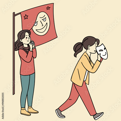 Woman hiding behind social mask. Moving banner with unhappy girl putting on mask of happiness and joy and hiding real emotions. Social norms and pressure. Cartoon flat animated .