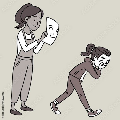 Woman hiding behind social mask. Moving banner with unhappy girl putting on mask of happiness and joy and hiding real emotions. Social norms and pressure. Cartoon flat animated .