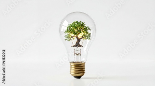 Ecology Concept with Green Tree Growing Inside Glass Light Bulb