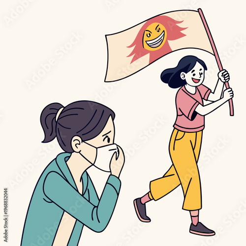 Woman hiding behind social mask. Moving banner with unhappy girl putting on mask of happiness and joy and hiding real emotions. Social norms and pressure. Cartoon flat animated .