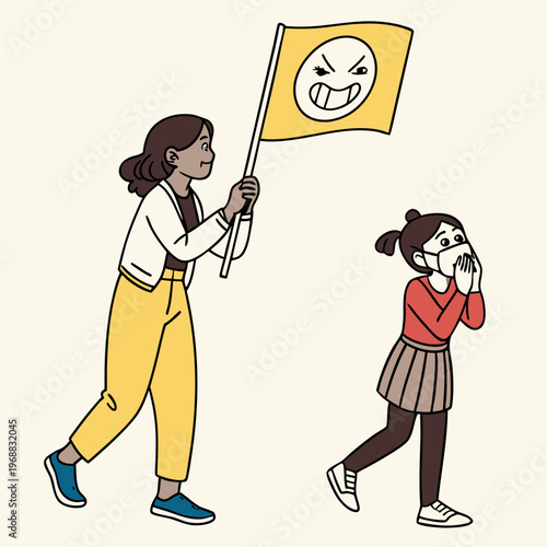 Woman hiding behind social mask. Moving banner with unhappy girl putting on mask of happiness and joy and hiding real emotions. Social norms and pressure. Cartoon flat animated .