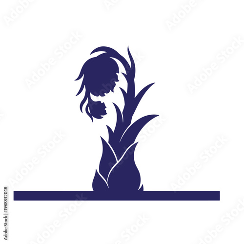 Dark blue silhouette of a drooping bell shaped flower with pointed leaves growing from a horizontal ground line on a white background