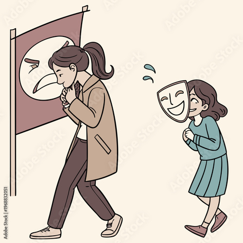 Woman hiding behind social mask. Moving banner with unhappy girl putting on mask of happiness and joy and hiding real emotions. Social norms and pressure. Cartoon flat animated .