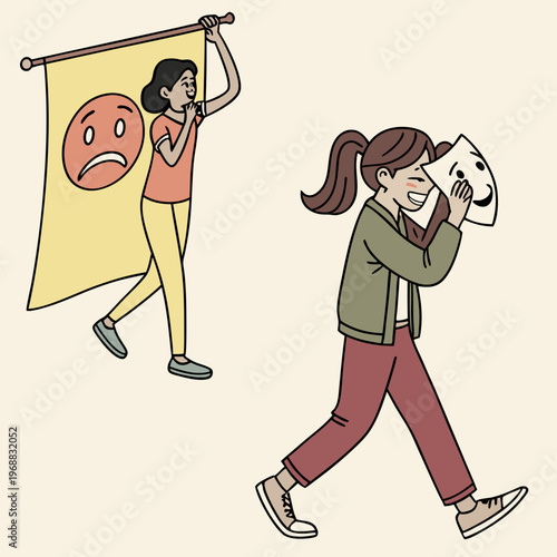 Woman hiding behind social mask. Moving banner with unhappy girl putting on mask of happiness and joy and hiding real emotions. Social norms and pressure. Cartoon flat animated .