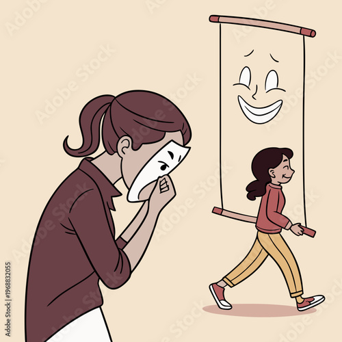 Woman hiding behind social mask. Moving banner with unhappy girl putting on mask of happiness and joy and hiding real emotions. Social norms and pressure. Cartoon flat animated .