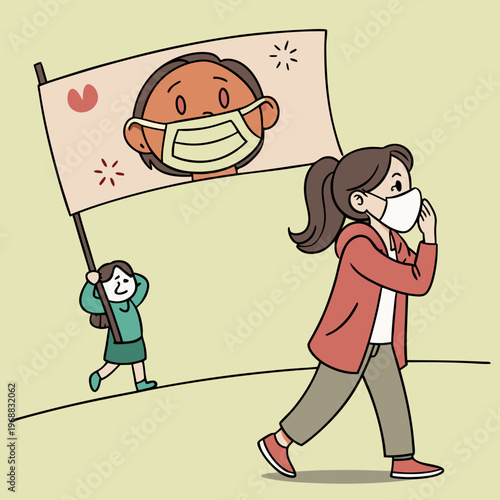 Woman hiding behind social mask. Moving banner with unhappy girl putting on mask of happiness and joy and hiding real emotions. Social norms and pressure. Cartoon flat animated .
