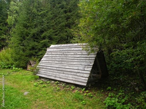 A simple wooden shelter for hikers standing in a grassy meadow near a dense forest
