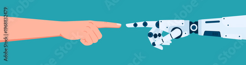 Human and robot hands almost touching, representing the integration of artificial intelligence and human interaction.