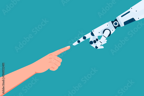 Human and robot hands reaching, symbolizing the connection and future collaboration between humanity and artificial intelligence.