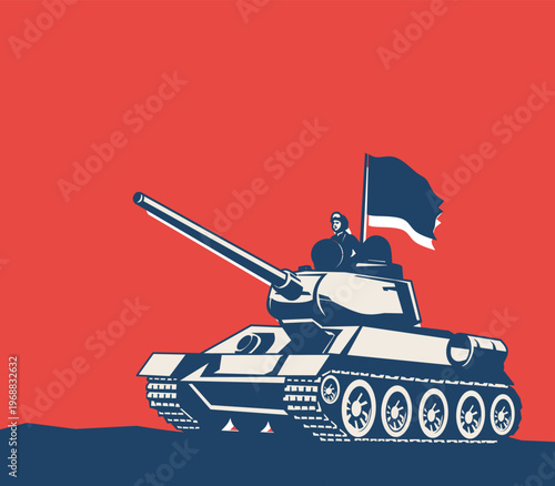Military tank with waving flag in retro propaganda poster style illustration. Concept of war power, army strength, military vehicle, and battlefield strategy. Flat vector illustration isolated on red 