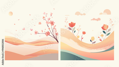 Serene Springtime Landscapes Featuring Blooming Cherry Blossoms and Vibrant Wildflowers in a Soft, Impressionistic Style