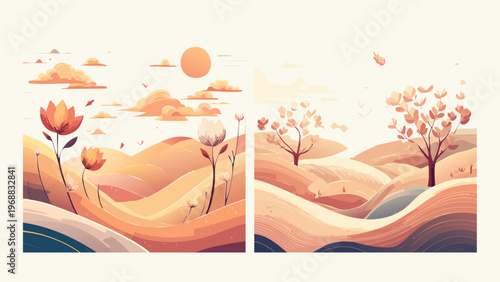 Serene abstract landscapes with warm rolling hills, stylized autumn trees, and spring flowers under a gentle sky. Earthy color palette, flat vector art