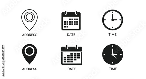 Contrasting icons for location, date, and time with different styles Vector