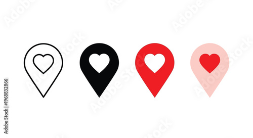 Gradual color progression of location markers with heart symbols inside Vector