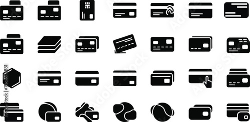 Collection of black credit card and financial payment icons on a white background