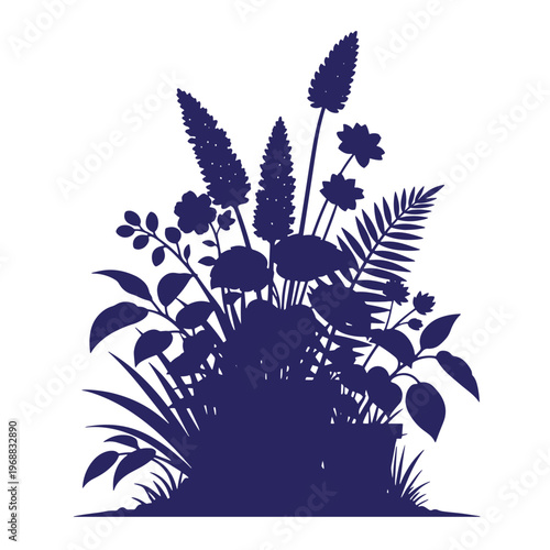 Dark blue silhouette of a potted plant arrangement featuring various flowers leaves ferns and tall spiked blossoms isolated on a white background