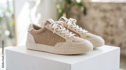 Pair of Modern Cream Colored Sneakers on White Pedestal in Minimalist Setting