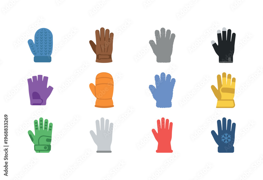 Fototapeta premium Collection of diverse glove and mitten icons in various colors and styles