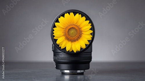 Vibrant Yellow Sunflower Attached to Professional Black Camera Lens