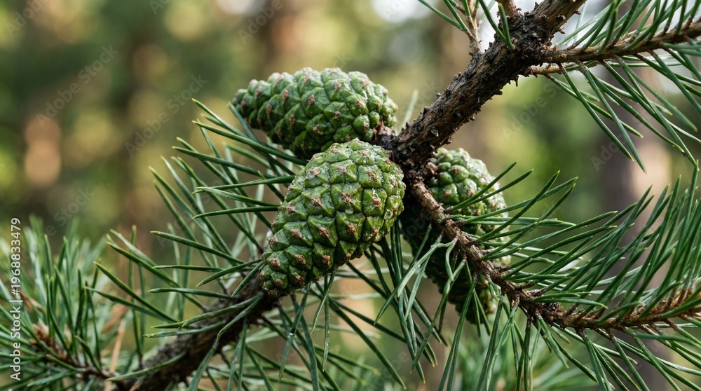 Obraz premium Green pine cones on a branch with needles, close-up, forest background
