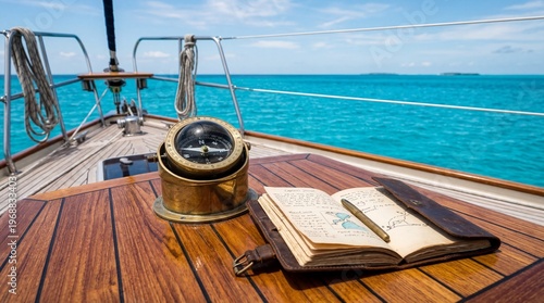 Vintage Nautical Compass and Open Notebook on Wooden Boat Deck Over Ocean