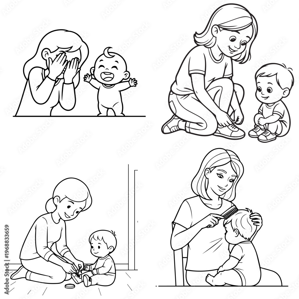 Fototapeta premium Set of coloring pages featuring a mother caring for her baby, including playing peekaboo, tying shoelaces, and brushing hair
