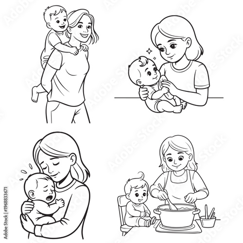 Set of coloring pages featuring a mother and her baby in various daily activities
