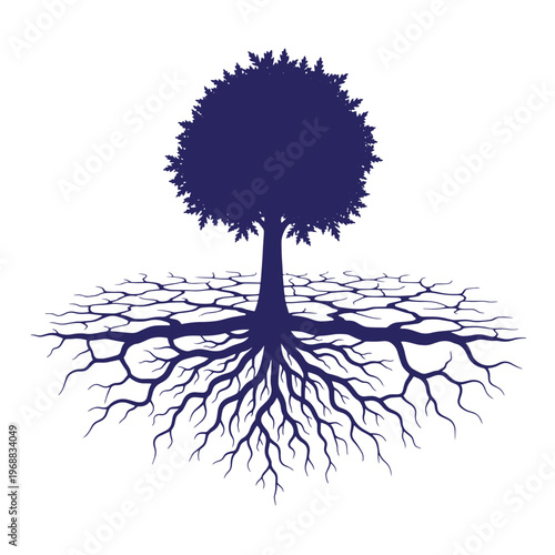 Dark blue silhouette of a tree with a dense leafy canopy and visible spreading root system extending into a cracked dry earth ground pattern on a white background