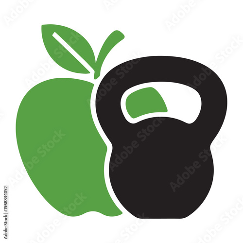 Creative illustration of a kettlebell shaped like a green apple with a leaf