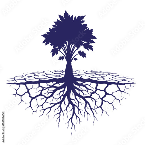 Dark blue silhouette of a tree with visible roots growing out of cracked dry earth isolated on a white background showing a conceptual view of nature and environmental struggle