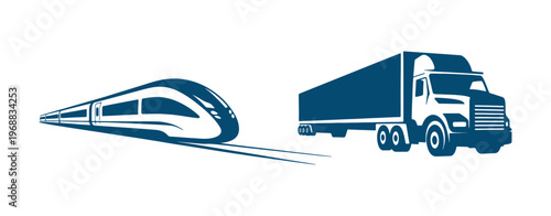 Modern high-speed train and freight truck illustration comparison