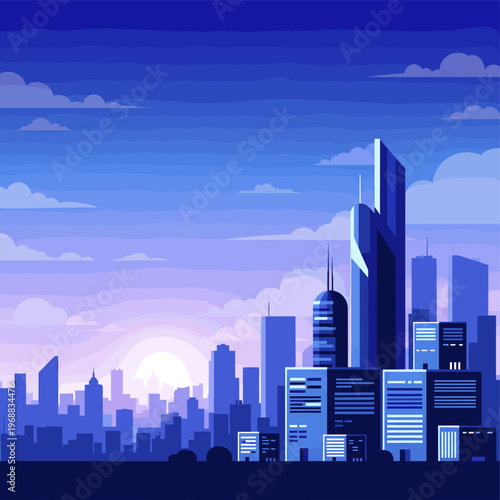 A serene cityscape at dusk with a predominantly blue and purple color scheme, evoking a sense of calmness and tranquility.